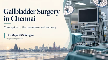 Gallbladder surgery in Chennai patient guide for Dr (Major) RS Rengan, with a modern hospital setting.