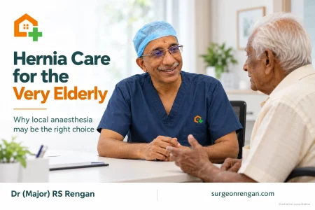 Illustration of Dr RS Rengan discussing inguinal hernia care with a very elderly man in Chennai.