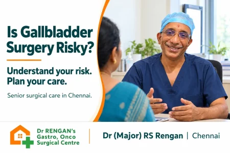 Is gallbladder surgery risky? Dr Rengan discusses surgical care with a patient in a consultation illustration.