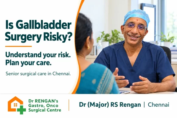 Is gallbladder surgery risky? Dr Rengan discusses surgical care with a patient in a consultation illustration.