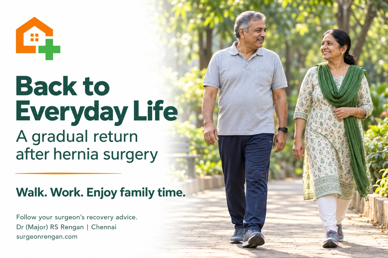 Patient walking during recovery after hernia surgery